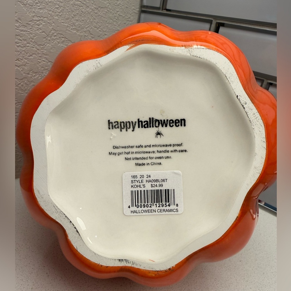 Ceramic Happy Halloween Candy Dish Candle Holder Pumpkin Black Cat - Picture 8 of 14